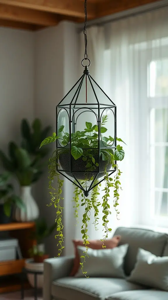 21 Creative Mini Greenhouse Ideas to Maximize Your Gardening Space 16 A beautiful hanging mini greenhouse displaying lush green plants, designed for space efficiency.