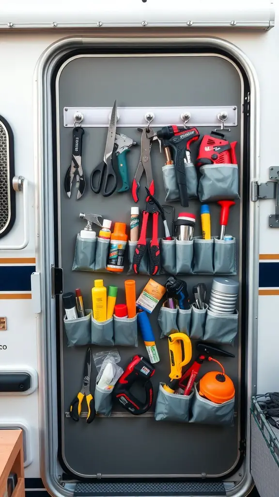 19 Clever Camper Storage Ideas for Your Next Adventure 4 Hanging organizers on a camper door filled with tools and supplies