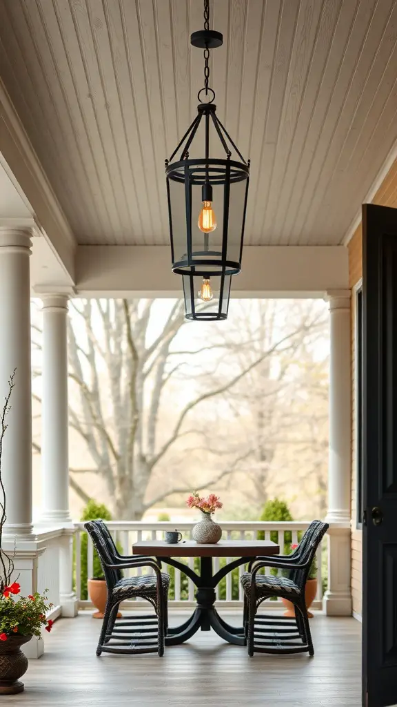 Stylish hanging pendant light illuminating a cozy porch with a table and chairs.