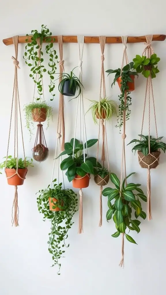 A wall adorned with various hanging plants in pots, creating a natural decor display.