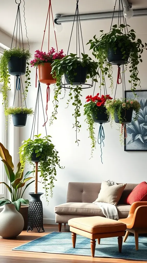 A cozy living room with various hanging planters displaying colorful flowers and lush greenery.