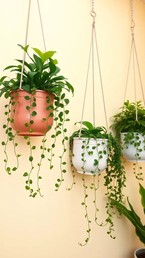 23 Inspiring Minimalist Garden Ideas for a Stylish Outdoor Space 9 Three hanging planters with green plants, one terracotta and two white, against a light-colored wall.