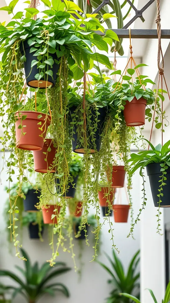 A collection of hanging planters with various plants, showcasing lush greenery in an outdoor setting.