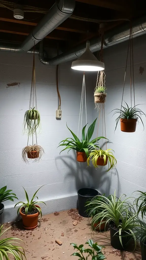 Hanging planters with various air plants in a basement setting.
