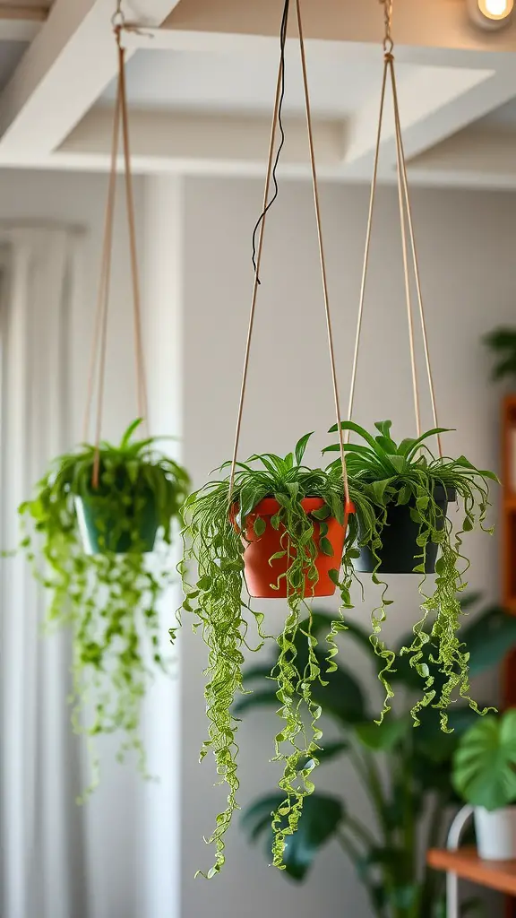 A trio of hanging planters with lush green plants, showcasing their vibrant and space-saving design.