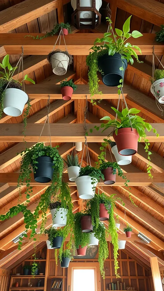 Hanging planters from wooden ceiling beams filled with various green plants.