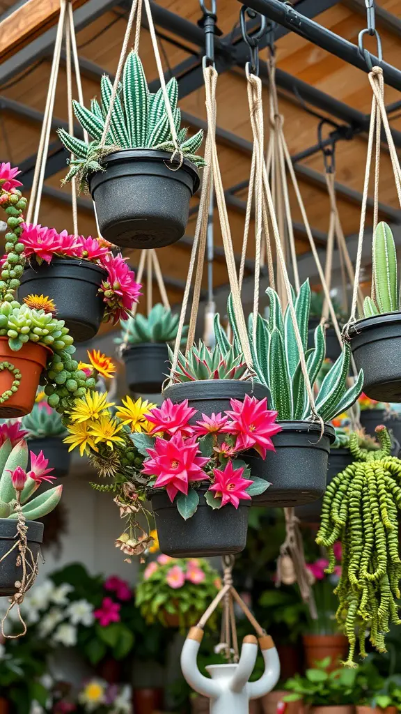 17 Inspiring Indoor Plant Wall Designs Featuring Cacti 9 Hanging planters with various succulents and flowers in black pots