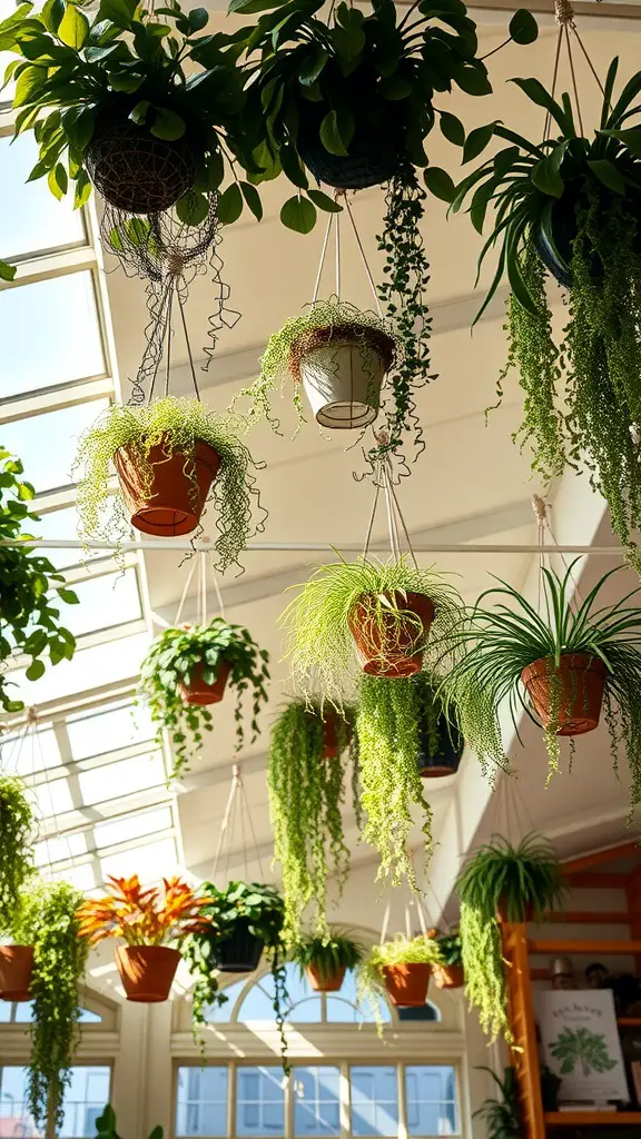 23 Creative Ways to Decorate with Plants in Your Home 2 A bright room filled with various hanging plants from the ceiling.