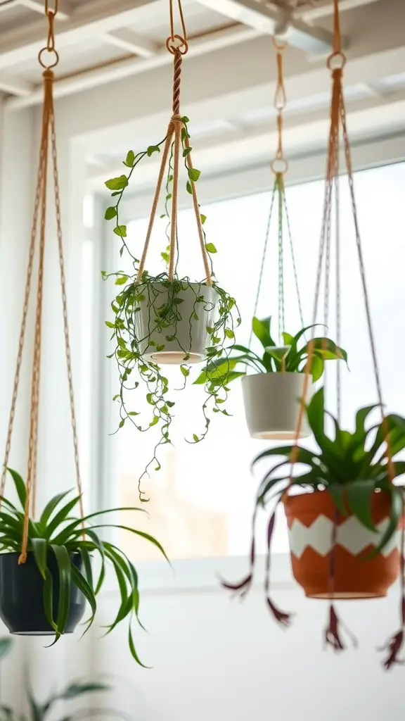 19 Indoor Plant Styling Ideas to Elevate Your Space 8 A display of various hanging plants in pots, showcasing greenery in a bright indoor space.