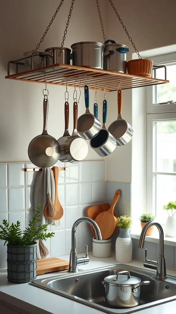 17 Genius Storage Solutions for Small Kitchens 8 A modern kitchen with a hanging pot rack above the sink, displaying various pots and pans.