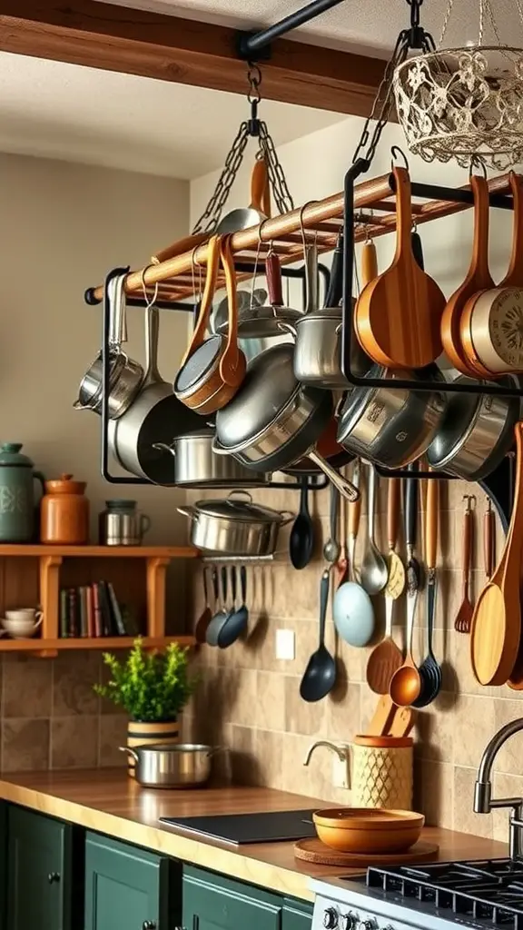A cozy Tuscan kitchen featuring a wooden hanging pot rack filled with various cookware and utensils.