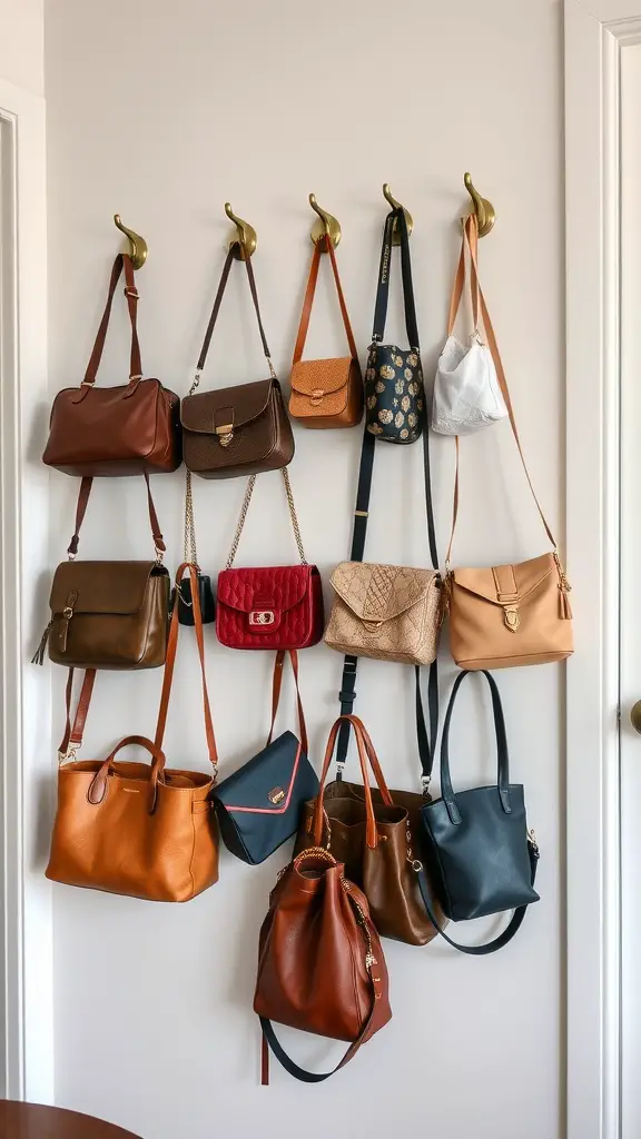 A collection of purses hanging on wall hooks in a stylish arrangement.