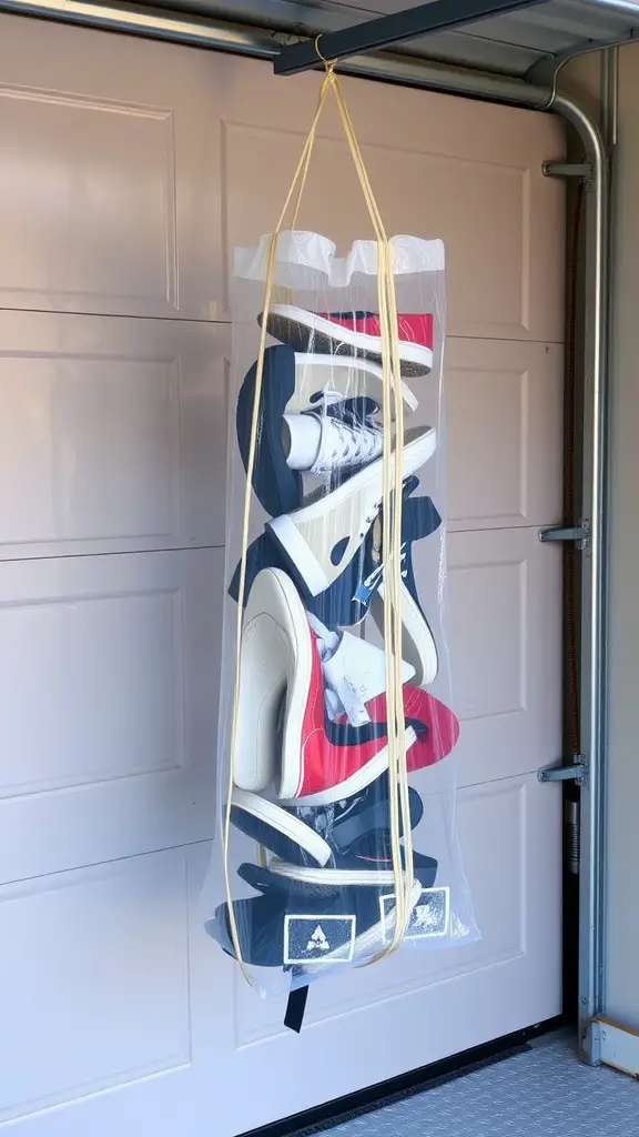Hanging shoe storage bag filled with various pairs of shoes, suspended in a garage.