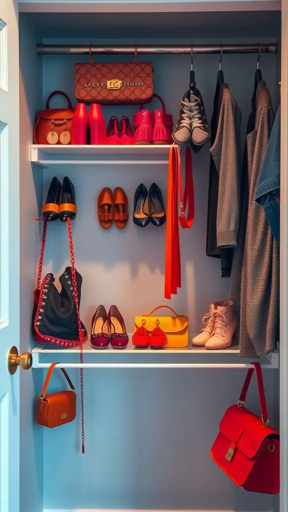 21 Creative Shoe Storage Ideas for Every Space 7 A closet featuring hanging shoe shelves with various shoes and bags organized neatly.