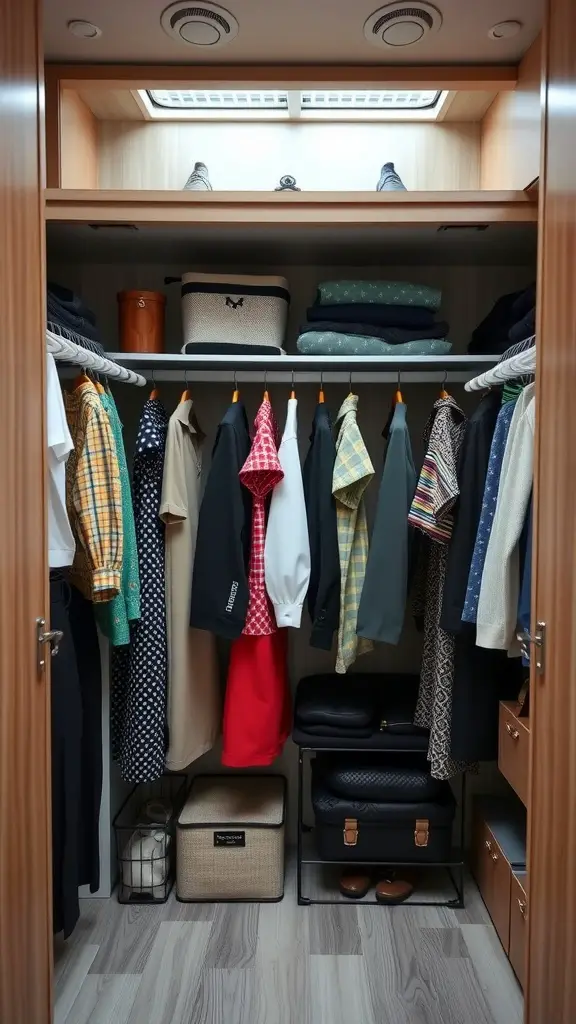 A well-organized RV closet featuring hanging clothing and accessories.