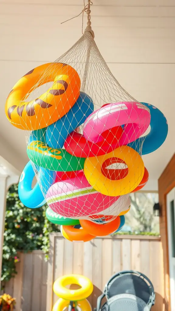 19 Creative Pool Float Storage Ideas You'll Love 15 Colorful pool floats stored in a hanging net