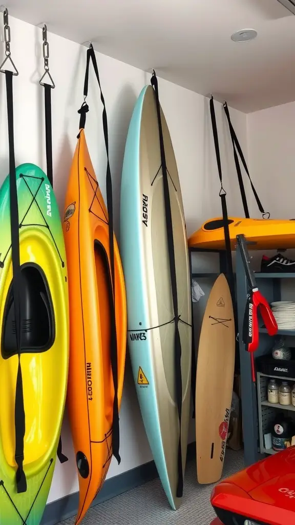 25 Creative Kayak Storage Ideas for Small Spaces 10 A collection of kayaks hanging on a wall using straps for storage.