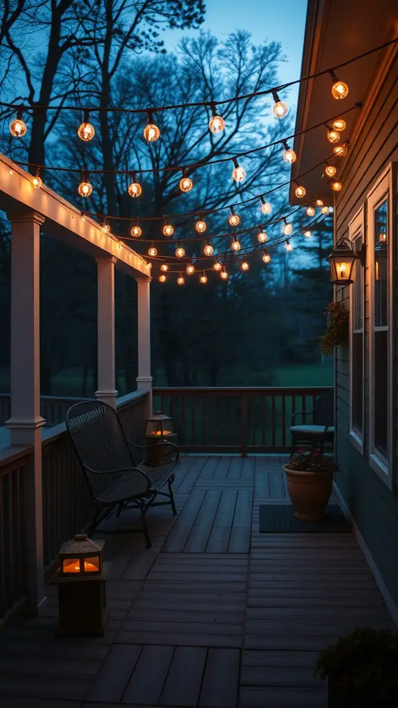 21 Charming Small Back Porch Ideas to Transform Your Outdoor Space 2 A cozy back porch with hanging string lights, featuring two chairs and lanterns, set in a serene evening atmosphere.