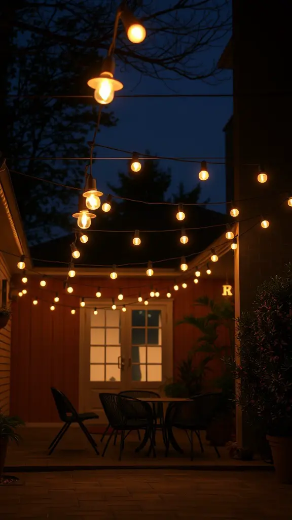 23 Affordable Backyard Patio Ideas to Transform Your Outdoor Space 6 A patio illuminated with hanging string lights at night