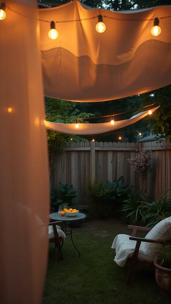 Cozy backyard with hanging string lights and fabric shade, featuring a small table and chairs.