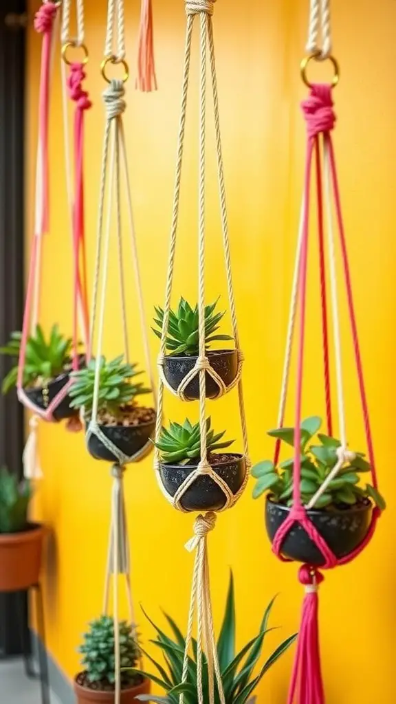 21 Stunning Indoor Plant Wall Designs Featuring Succulents 5 Colorful macramé hanging succulent planters against a yellow wall.