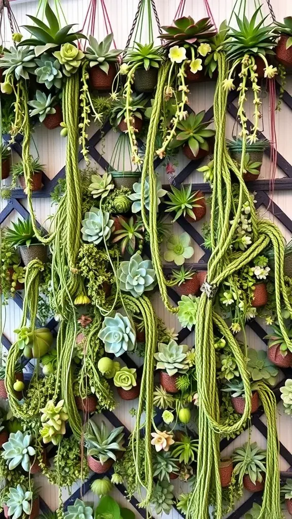 17 Creative Hanging Garden Ideas to Enhance Your Space 16 A wall adorned with hanging succulents in pots, featuring various shades of green and decorative ropes.