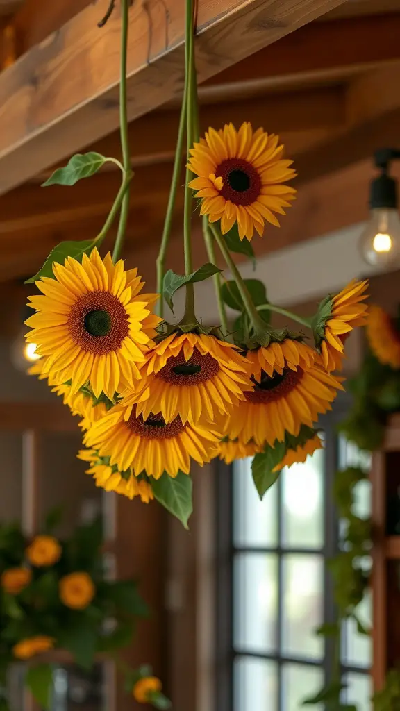 13 Stunning Sunflower Centerpiece Ideas for Your Home Decor 12 Hanging display of sunflowers with vibrant yellow petals and brown centers, suspended from a wooden beam