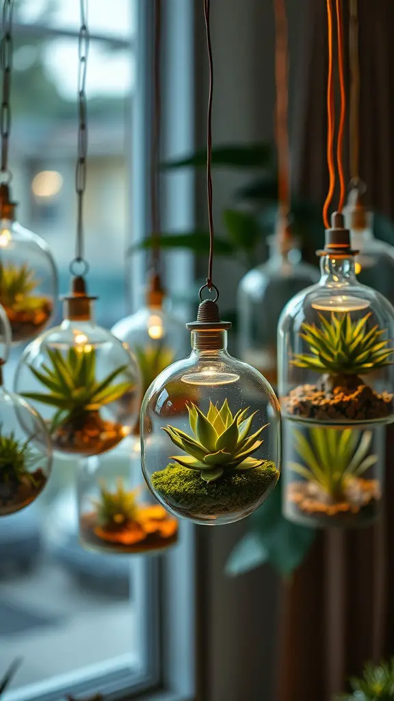 17 Creative Hanging Garden Ideas to Enhance Your Space 9 A collection of hanging terrariums with succulents and moss displayed in glass orbs.