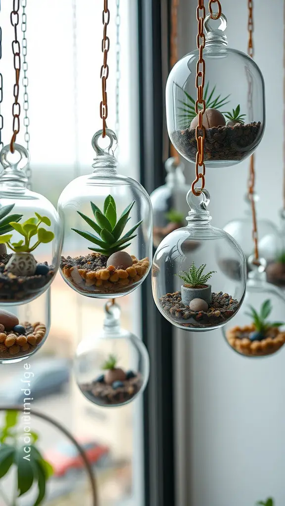17 Creative Hanging Garden Ideas for Your Home and Balcony 8 Hanging glass terrariums with small plants and decorative stones