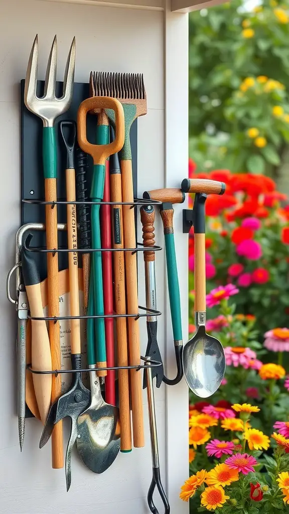 Neatly organized gardening tools hanging on a wall-mounted rack with colorful flowers in the background.