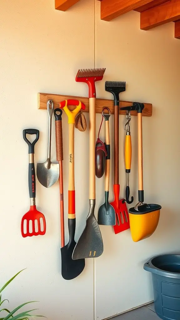 A hanging tool rack displaying various gardening tools against a wall.