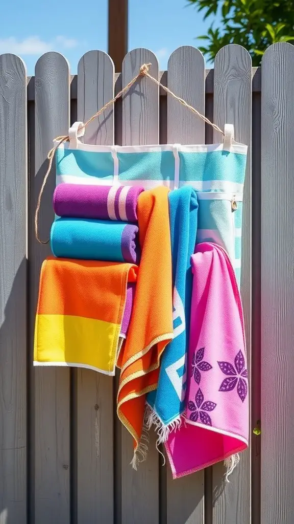 27 Creative Pool Towel Storage Solutions You Need to Try 16 A colorful hanging towel organizer with several towels on a fence.