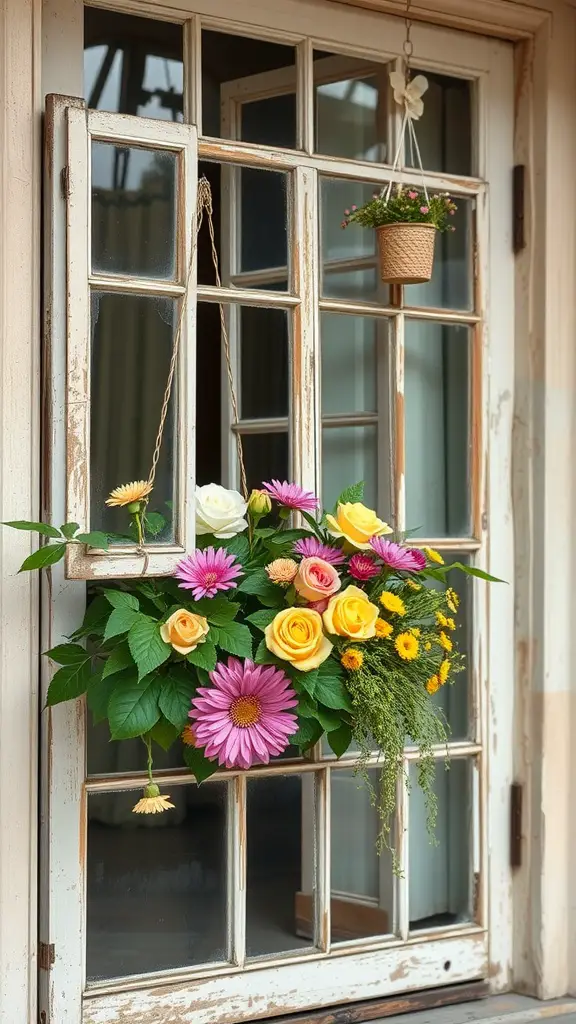 A vintage window frame adorned with colorful flowers and a hanging planter, creating a charming floral display.