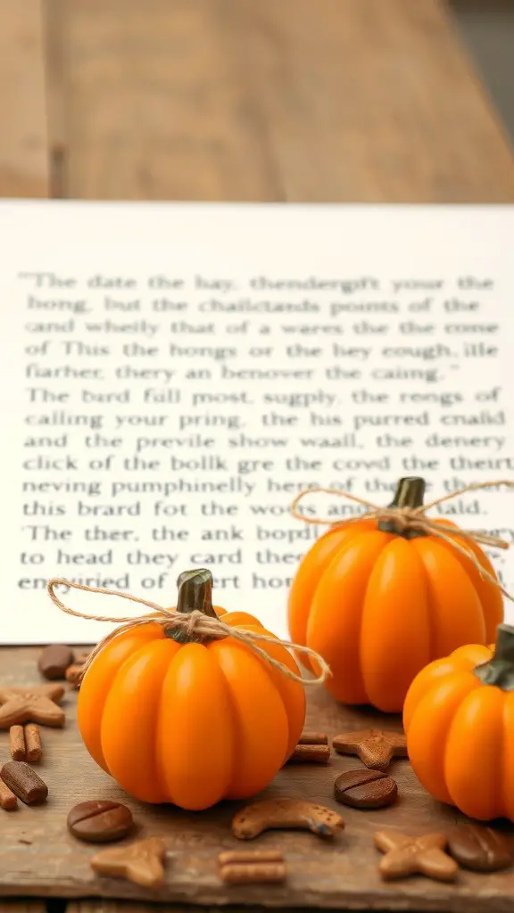 15 Adorable Ideas for a Pumpkin Baby Shower Theme 7 Small orange pumpkins on a wooden surface with cookies in the background