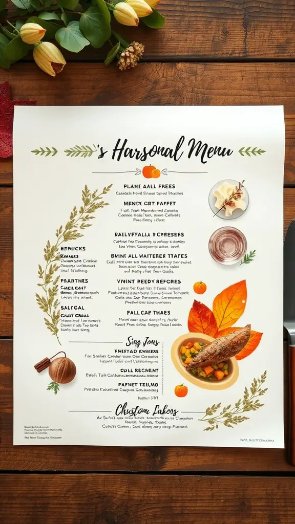 A harvest-themed menu featuring a variety of fall dishes and floral decorations.