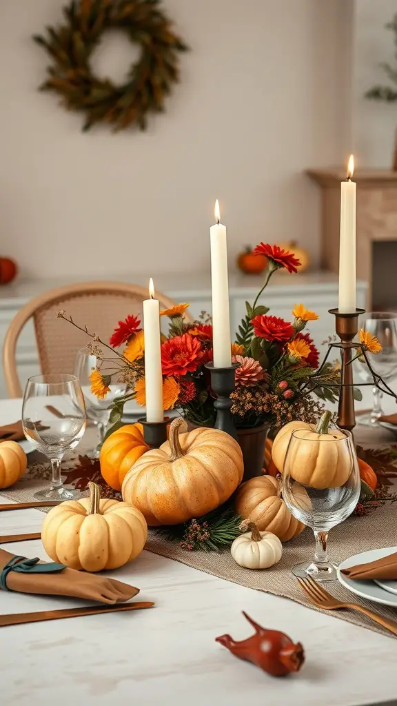 A beautifully arranged fall table centerpiece featuring pumpkins, flowers, and candles.