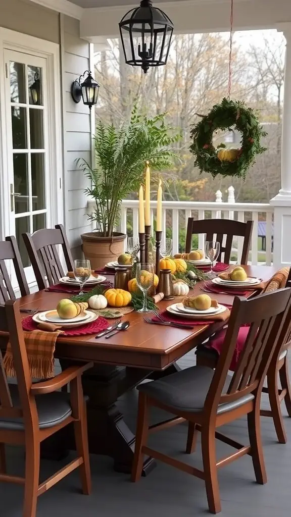 A fall-themed porch table setting with pumpkins, apples, and candles.