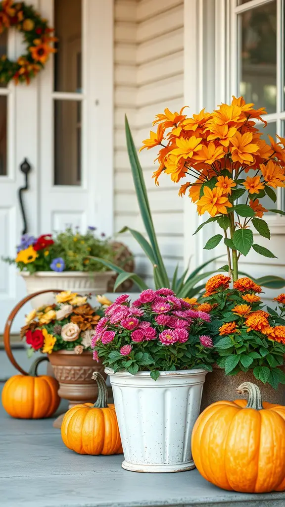 23 Stunning Fall Flower Garden Ideas to Transform Your Outdoor Space 11 A cozy porch decorated with colorful flower pots and pumpkins for fall.
