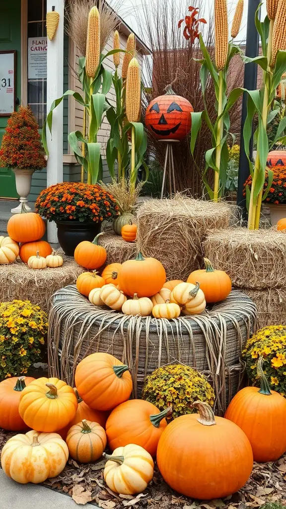A vibrant autumn garden display with pumpkins, flowers, and hay bales.