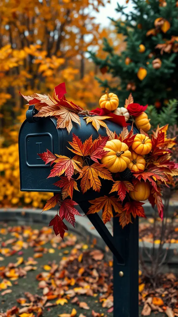 A mailbox decorated with autumn leaves and pumpkins, surrounded by fall foliage.