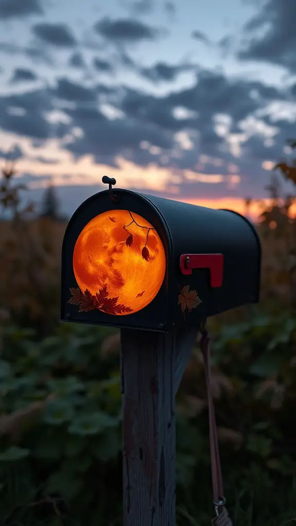 A black mailbox with a glowing orange harvest moon design surrounded by autumn leaves, set against a twilight sky