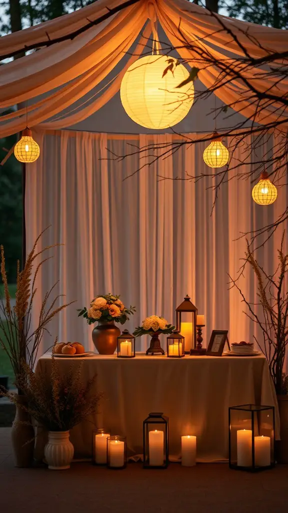 A warm and inviting baby shower setup with lanterns, flowers, and candles, creating a cozy atmosphere.