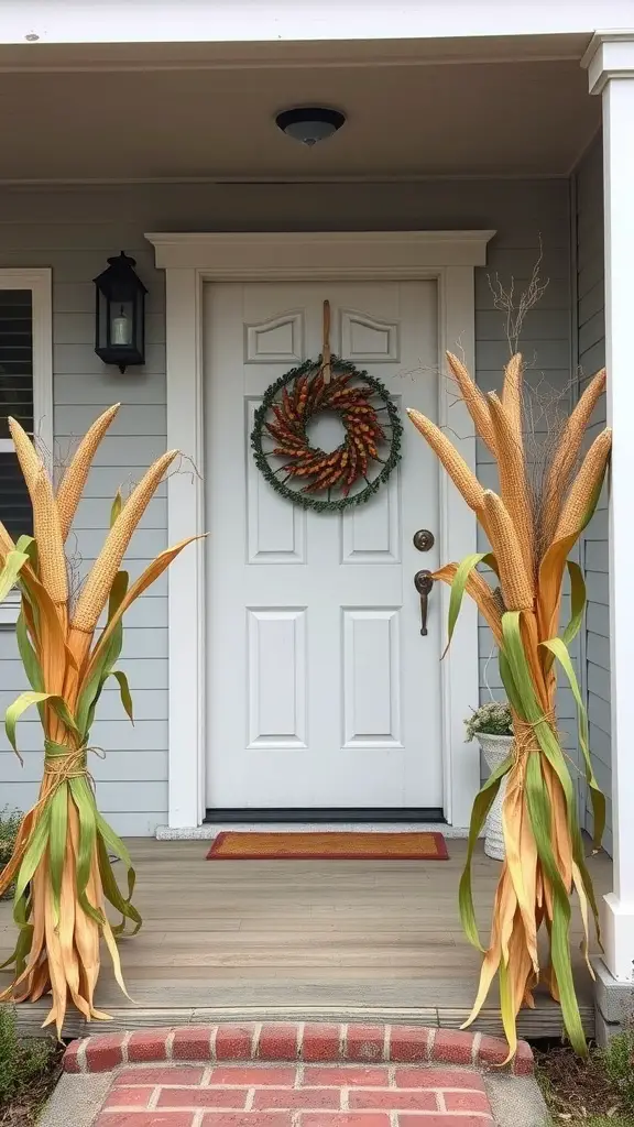 Porch decor featuring tall cornstalks and a fall wreath on the door