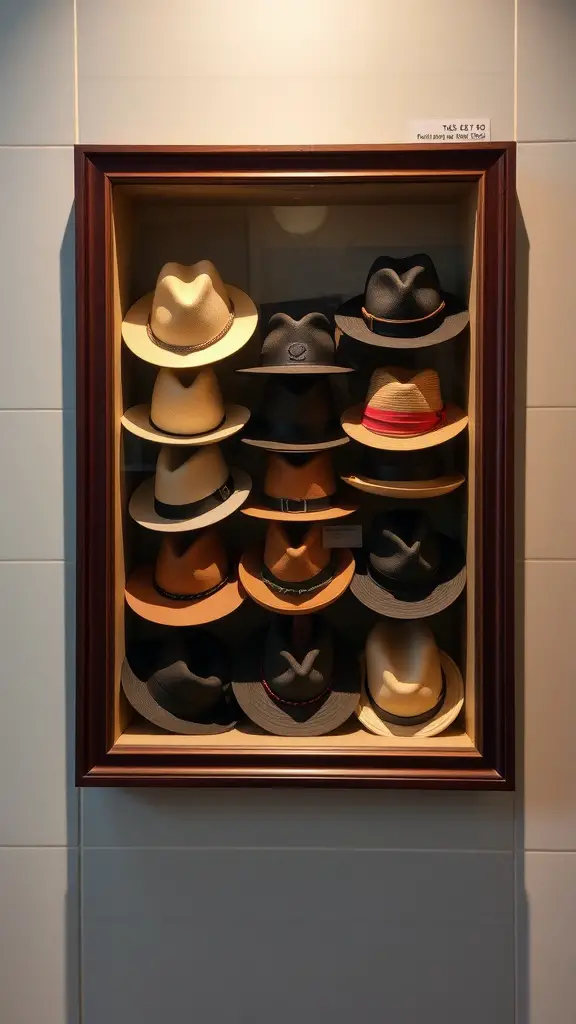 19 Creative Hat Storage Ideas for Every Space 15 A shadow box displaying a collection of hats in an organized manner.