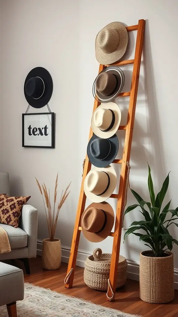 19 Creative Hat Storage Ideas for Every Space 6 A wooden ladder displaying various hats in a stylish room setting
