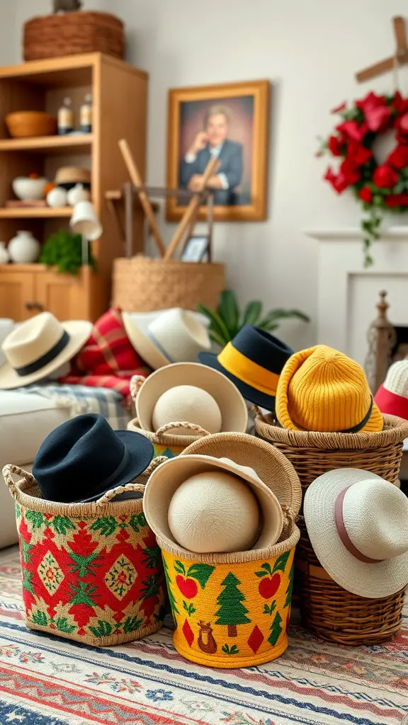 19 Creative Hat Storage Ideas for Every Space 14 Colorful baskets filled with various hats in a cozy living room setting