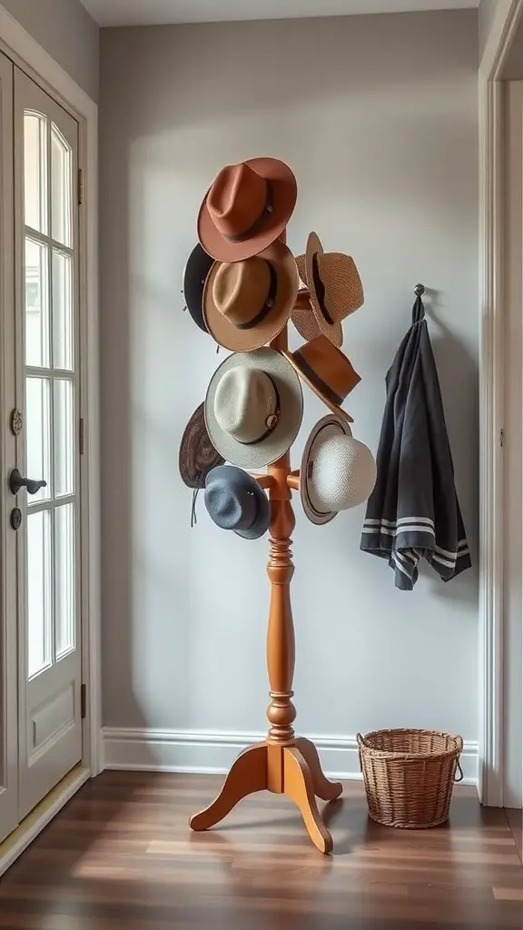 19 Creative Hat Storage Ideas for Every Space 12 A wooden hat tree stand holding various hats in a stylish entryway.