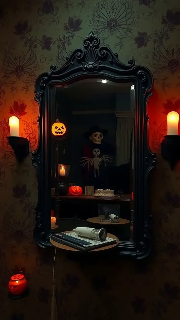 A haunted mirror surrounded by candles and Halloween decorations including a skeleton and jack-o'-lanterns.