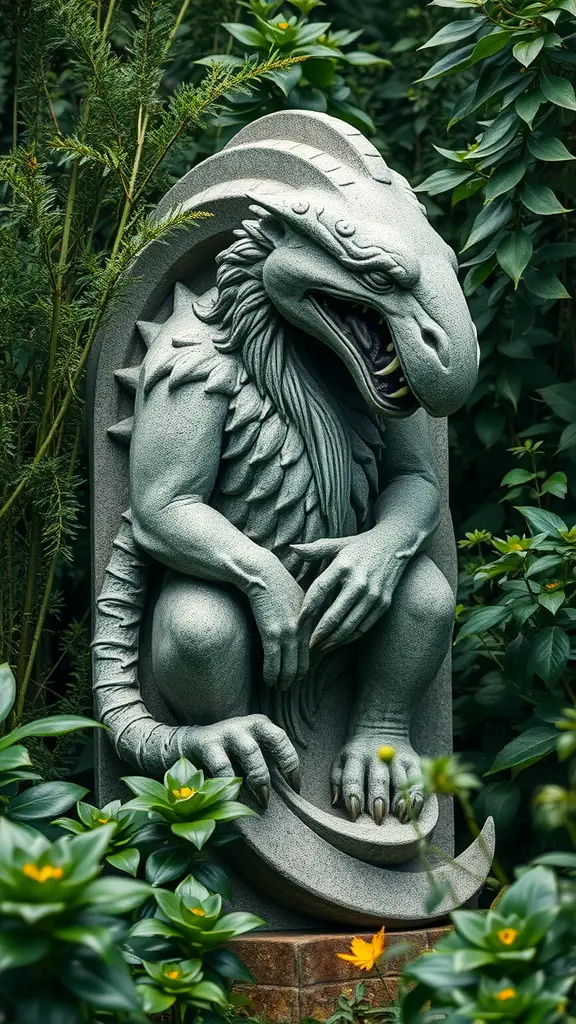 A detailed gothic statue of a dragon-like creature surrounded by lush green plants.