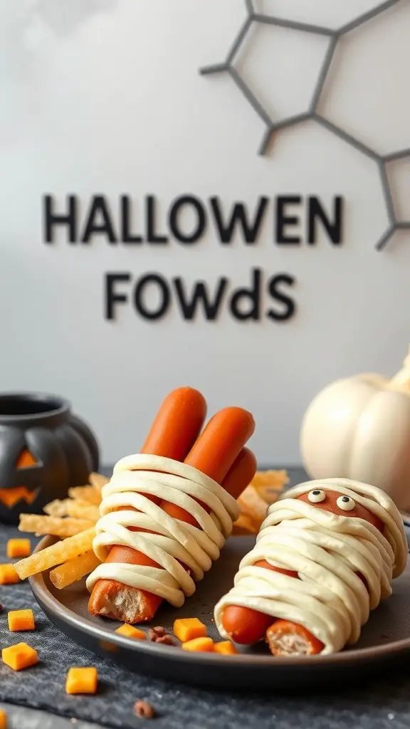 19 Creative Halloween Baby Shower Ideas to Spook Up Your Celebration 7 Mummy hot dogs wrapped in pastry with googly eyes, surrounded by Halloween-themed snacks